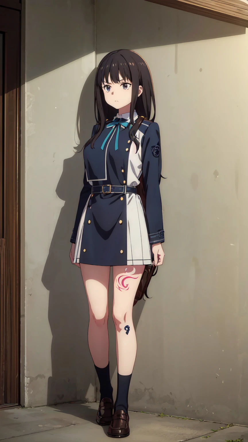 (((Pixel Perfect, Perfect in every detail))), alone, 1 personの女の子, Inoue Check, Licorice Uniform, View your viewers, Mouth closed, (((Pixel Perfect, Perfect in every detail))), alone, 女の子1 person, Chisato Nishikigi, Uniform sake, Looking at the audience, 1 personの女の子, alone, chest, Neck ribbon, Collared shirt, Uniform sake, Two-tone micro mini dress, Blue Dress, Long sleeve, Red Belt, (((1 personの女の子))),(((alone))),(((1 person))).loafers、Black socks、女の子1 person, whole body,（Looking up:1.4） alley, Contact us, Talk to your audience、Are Are standing、, 1 Girl}} Are standing,,{Show Viewer,, tattoo, High heels, saliva, tattoo、顔を強調するAre standing、Shaving, (下腹部のtattoo:1.5), (ハートのtattoo:1.5), (belly but ton: 1.1), 女の子1 person, whole body,choker、slave、 Big Breasts、chestの膨らみ，big、Expressionless、（Blacknee-length socks:1.4）