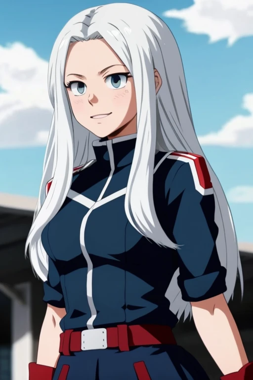 My Hero Academia screenshot of a girl with medium long white hair with dark eyes and a blue outfit My hero academia anime character 
