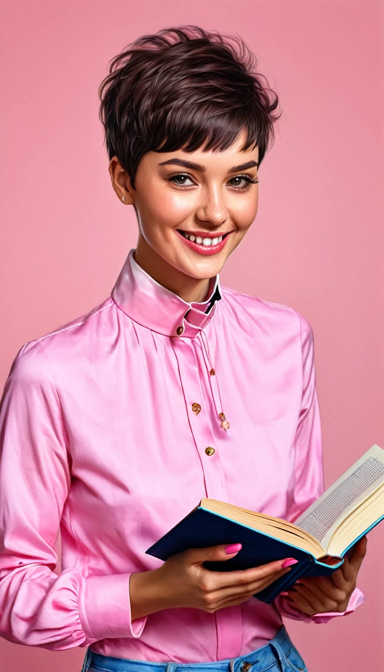 create a smiling woman with pixie cut hair ,with pink high collar shirt , with a book ,masterpiece, estilo illustration de Ali Erturk, high detail, hyperrealistic, natural light,illustration , Bright colors