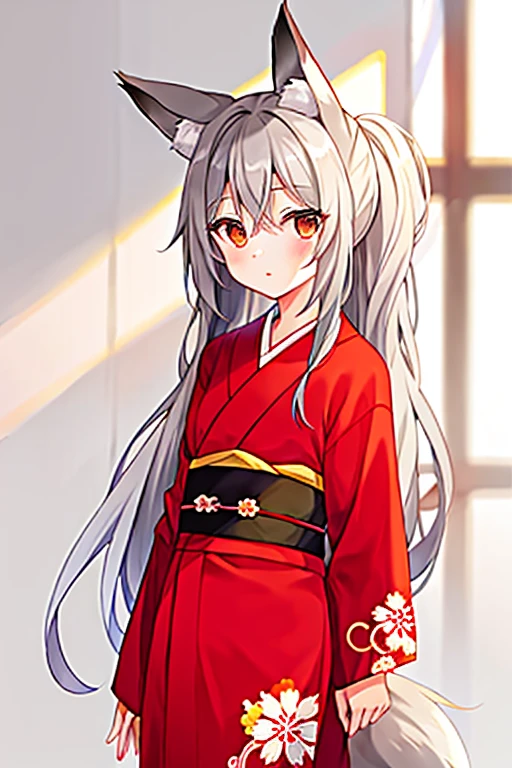 young girl with long grey hair, 1 red eye and 1 grey eye, dressed in a kimono with a fox tail and fox ears