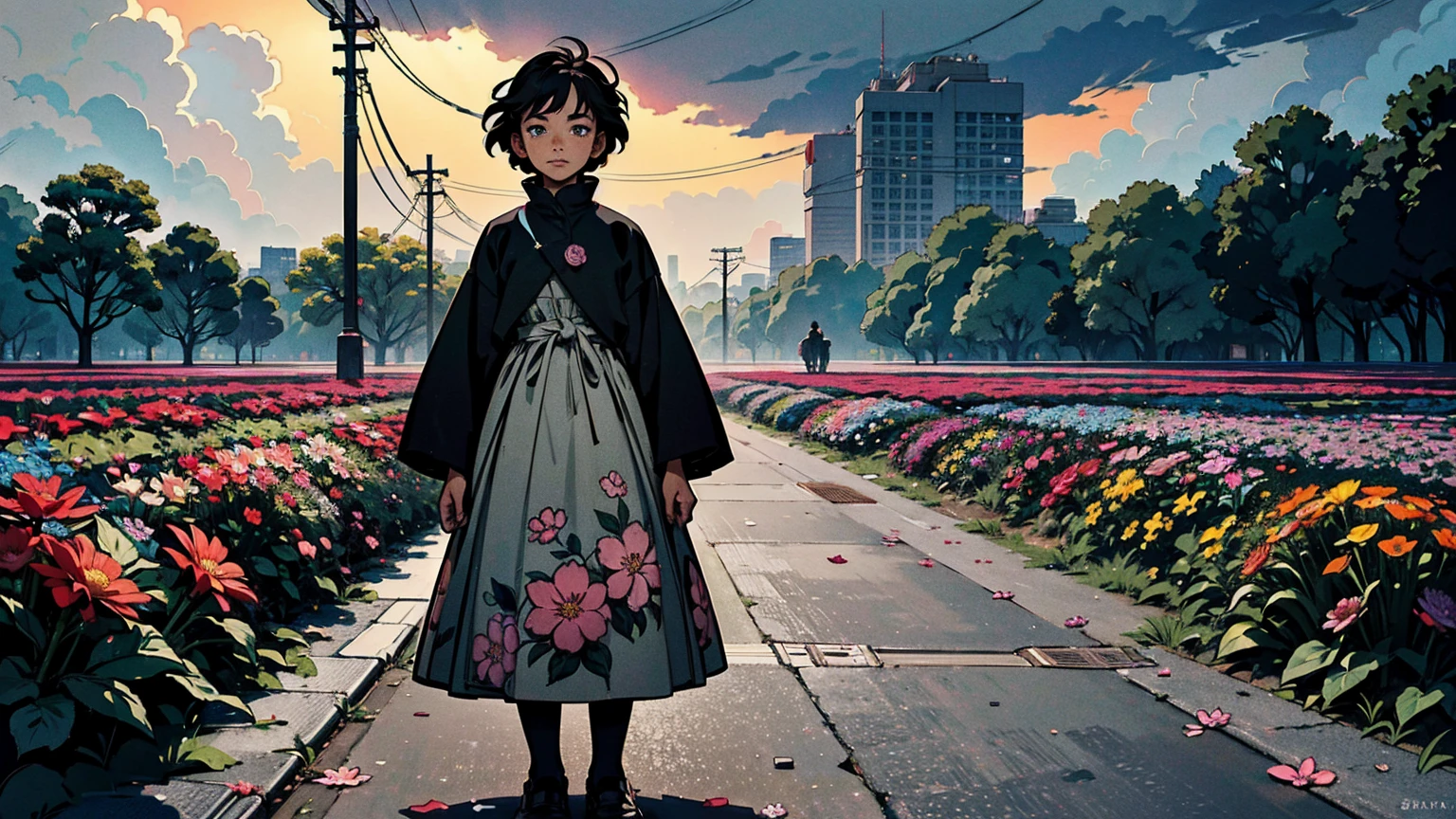 A vibrant flower blooms on the dirty ground of a large gray avenue. A crowd of gray, soulless people crosses the streets. A colorful , shining with bright tones, stands protectively over the flower, protecting her with his little hands and determined eyes. Sunlight breaks through the dark clouds. ghibli studio style