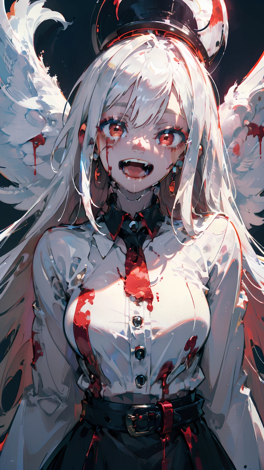 (woman\(A blood-red, dark angel halo is on his head., Angel Girl,My mouth is split,Pure white hair,Red eyes, Pure white skin, White costume,The girl is laughing wildly with her mouth wide open,Eyes with dilated pupils,Scary,A large amount of dark red liquid drips from the mouth and eyes.,Crazy smile,Monster,Monster mouth,\) pure white world、Looking up at me,Attacking pose,Wings made of blood (I&#39;m in the beautiful outdoors, Monster tentacles,Horror, mysterious,Blood Monster (Dark red liquid floating in the air,Spooky background),quality\(8K,非常に精細なCGユニットのwallpaper, masterpiece,High resolution,top-quality,top-quality real texture skin,Surreal,Increase the resolution,RAW Photos,最高quality,Very detailed,wallpaper,Cinema Lighting,Ray-tracing,Golden Ratio\),Long Shot,Overall, it looks ephemeral.,The depiction range is from the waist up,qualityの高い顔の描写,High-resolution facial depiction,ephemeral,Low saturation, Girl,1 person, evil spirit