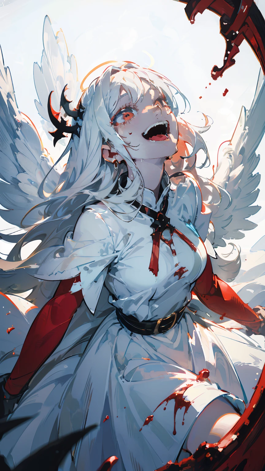 (woman\(A blood-red, dark angel halo is on his head., Angel Girl,My mouth is split,Pure white hair,Red eyes, Pure white skin, White costume,The girl is laughing wildly with her mouth wide open,Eyes with dilated pupils,Scary,A large amount of dark red liquid drips from the mouth and eyes.,Crazy smile,Monster,Monster mouth,\) pure white world、Looking up at me,Attacking pose,Wings made of blood (I&#39;m in the beautiful outdoors, Monster tentacles,Horror, mysterious,Blood Monster (Dark red liquid floating in the air,Spooky background),quality\(8K,非常に精細なCGユニットのwallpaper, masterpiece,High resolution,top-quality,top-quality real texture skin,Surreal,Increase the resolution,RAW Photos,最高quality,Very detailed,wallpaper,Cinema Lighting,Ray-tracing,Golden Ratio\),Long Shot,Overall, it looks ephemeral.,The depiction range is from the waist up,qualityの高い顔の描写,High-resolution facial depiction,ephemeral,Low saturation,***********,1 person, evil spirit