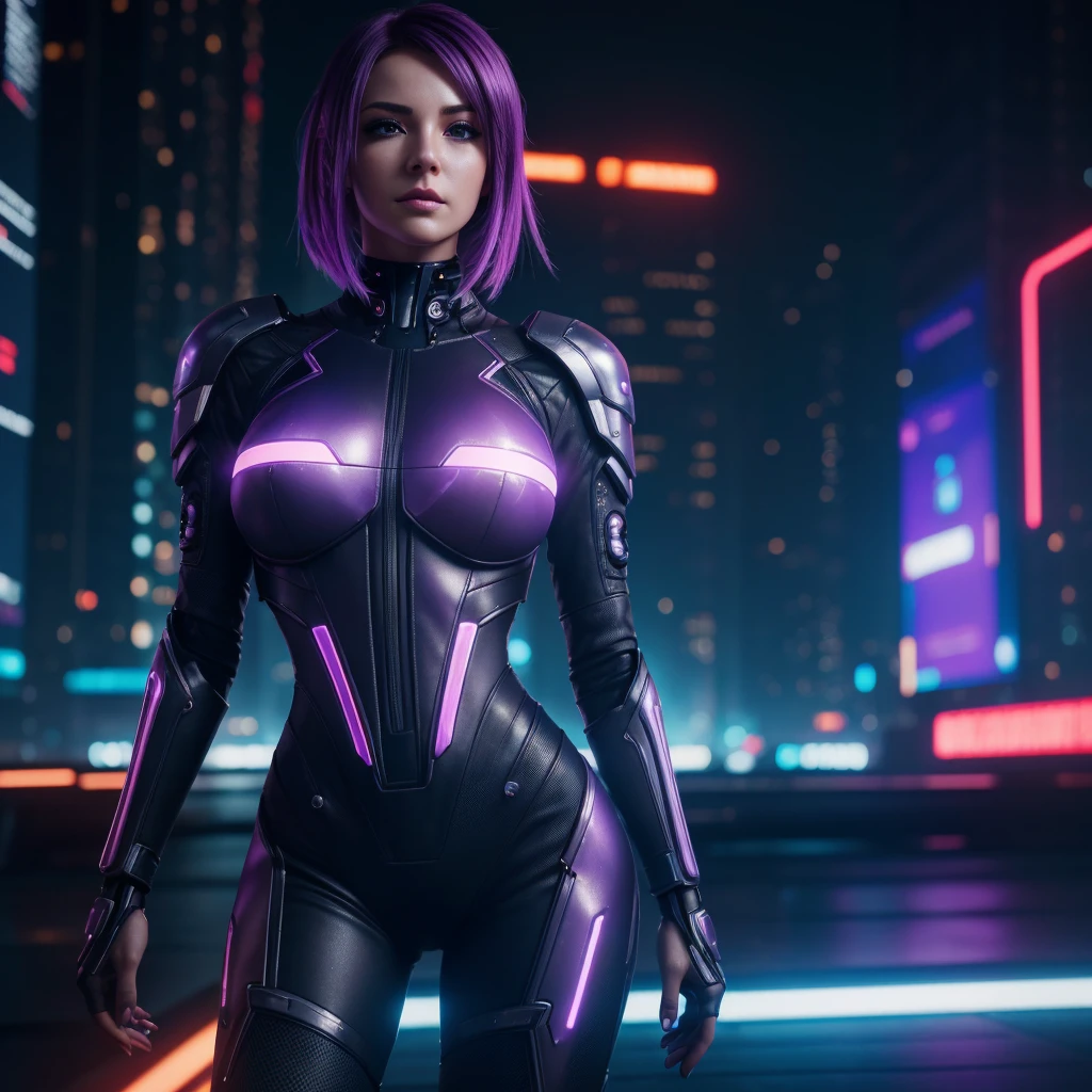 (Hyper-realistic), (lightening), (High resolution), (32k), (extremely detailed), (masterpiece), (realistic),(realistic skin),(extremely detailed skin), portrait of a cyber android girl, purple hair, cyberpunk haircut, tied up, cyberpunk hairstyle, the most beautiful in the world, beautiful face, beautiful hands, Beautiful eyes, semi cyber android body.
Sexy outfit, Upper body, light reflections, Interior, futuristic cyber city, Cyber Red Light district background, professional photography of a beautiful detailed woman, sharpness, Spectacular, award winning, cinematic lighting, unreal octane renderer, dtx volumetrics, (blurred background, blurred foreground, bokeh, depth of field, cyber night city light, Motion blur:1.3)