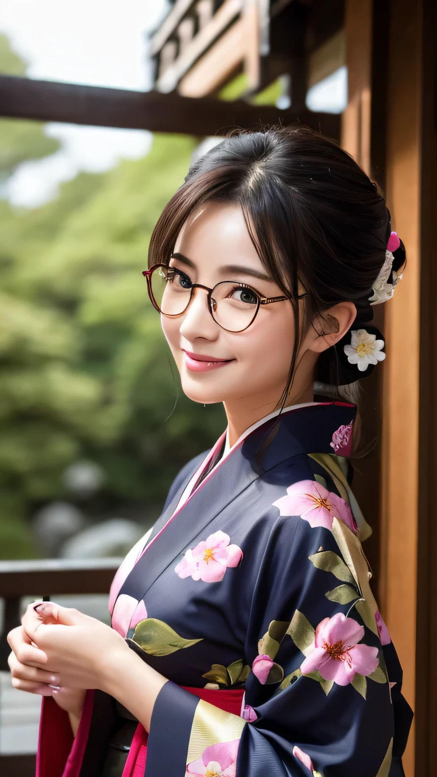(Super beautiful woman in kimono)、((highest quality、8K masterpiece:1.3))、sharp focus:1.2、(super beautiful face:1.0)、(shiny skin:1.0)、realistic pictures、black hair、video lighting、High resolution eyes and face、video lighting、japanese actress、from the front、big breasts、with a happy smile、Slender abs beauty、whole body、wearing a kimono、in Kyoto、(((luxury obi)))、In Kyoto at night、wearing glasses with no edge、Brush your hair up with your fingers.