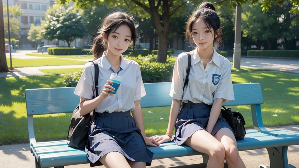 summer、Park with an ocean view、Woman sitting on a park bench、squirt,、16 year old school girl in uniform、Drink water、School bag、Blue sky、Shining Sun