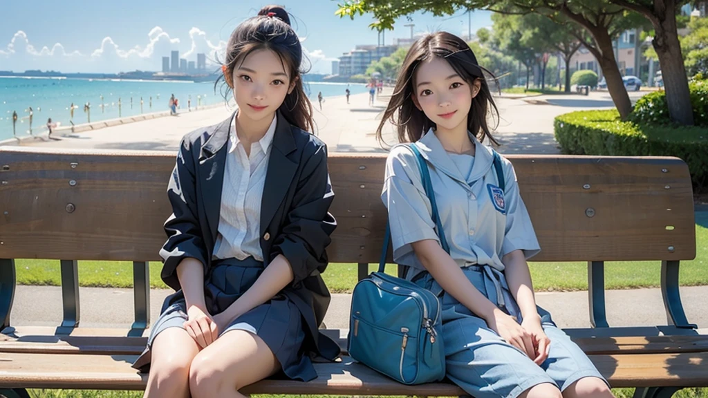 summer、Park with an ocean view、Woman sitting on a park bench、squirt,、16 year old school girl in uniform、Drink water、School bag、Blue sky、Shining Sun




