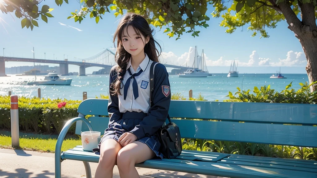 summer、Park with an ocean view、Woman sitting on a park bench、squirt,、16 year old school girl in uniform、Drink water、School bag、Blue sky、Shining Sun