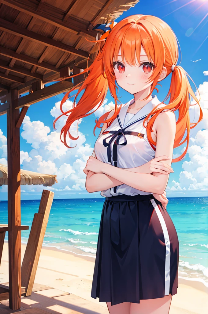 Orange Hair Half Twin Tail Red Eyes beautiful girl blue sea White sand beach Light of the sun smile