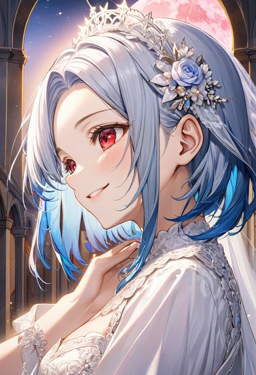 (profile:2 close-up face), (a crew cut silver hair very short hair divine cool boy, detailed red eyes, Confusion face, flat chest), break, ((a forehead blue hair long hair cute bride girl, love smile)), break, (he is haging for her head), (in the Chapel Terrace), (background detailed biggest pink moon), BREAK, perfect anatomy, masterpiece, best quality, 16k, beautiful detailed night, daydreaming expression.