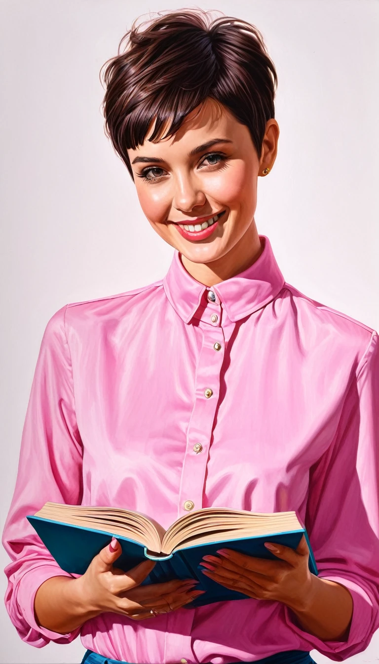 create a smiling woman with pixie cut hair ,with pink high collar shirt , with a book ,masterpiece, estilo illustration de Ali Erturk, high detail, hyperrealistic, natural light,illustration , Bright colors