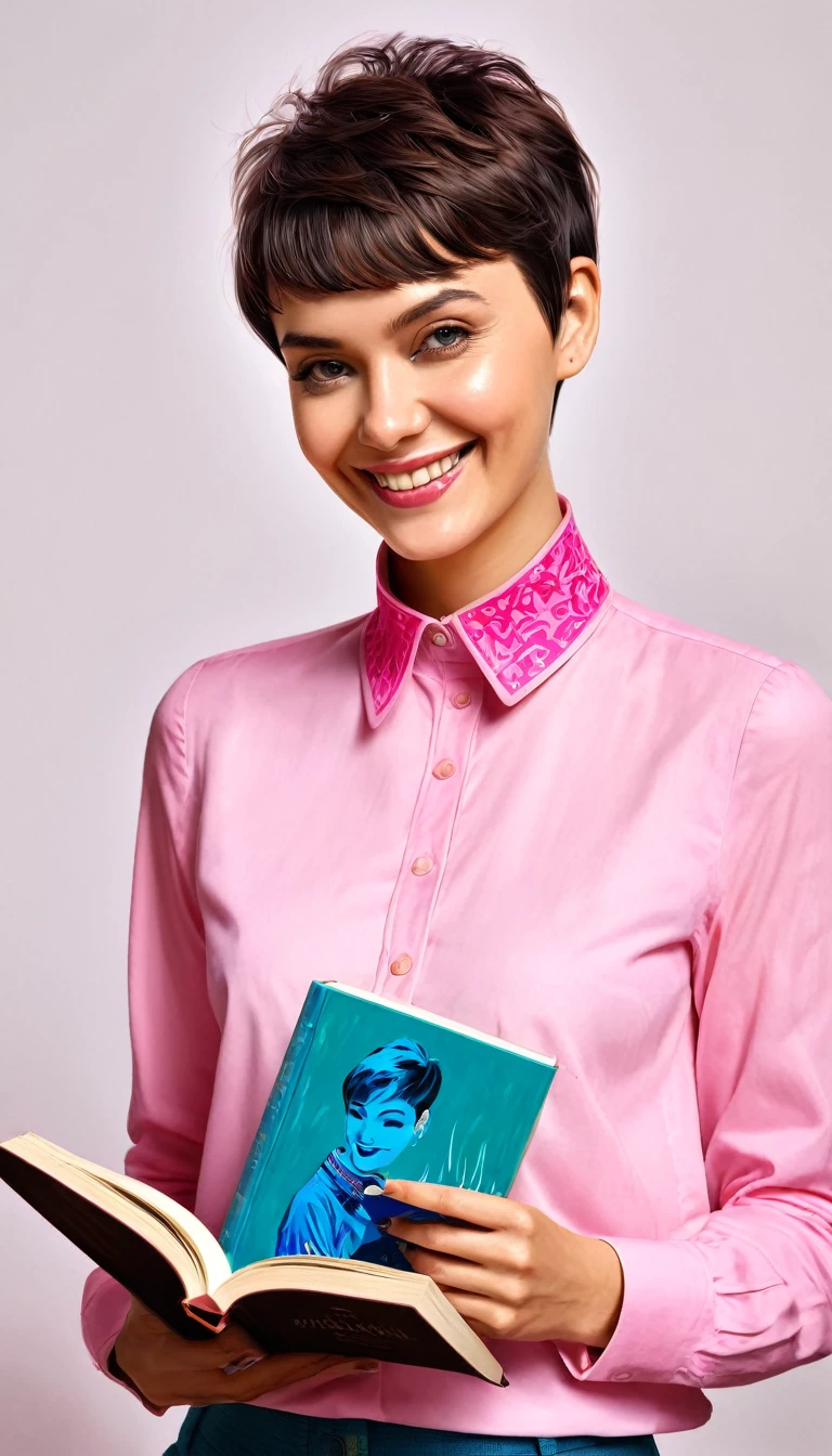 create a smiling woman with pixie cut hair ,with pink high collar shirt , with a book ,masterpiece, estilo illustration de Ali Erturk, high detail, hyperrealistic, natural light,illustration , Bright colors
