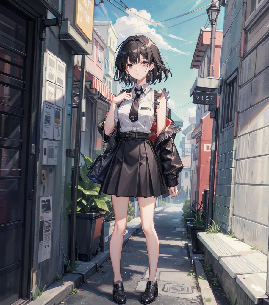 full body, medium tits, medium hair, black hair, tearful mole, earring, collared shirt dress, tight skirt, sleeveless,