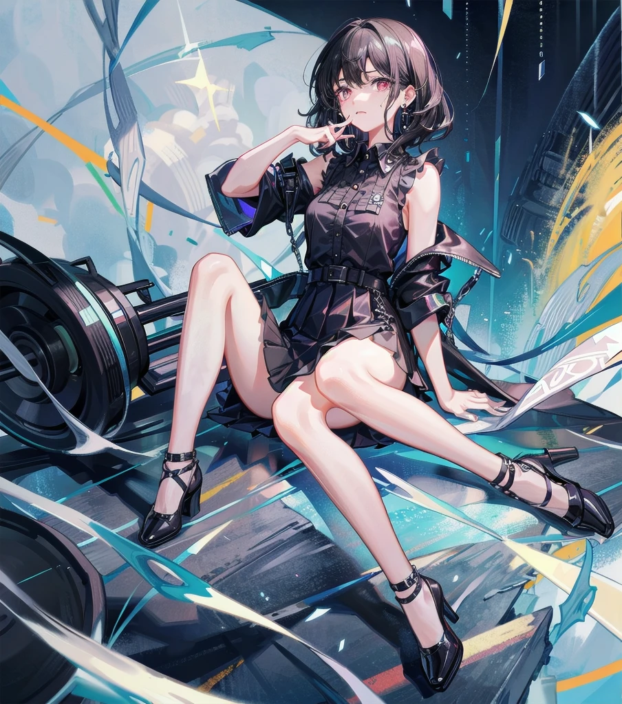full body, medium tits, medium hair, black hair, tearful mole, earring, collared shirt dress, tight skirt, sleeveless,
