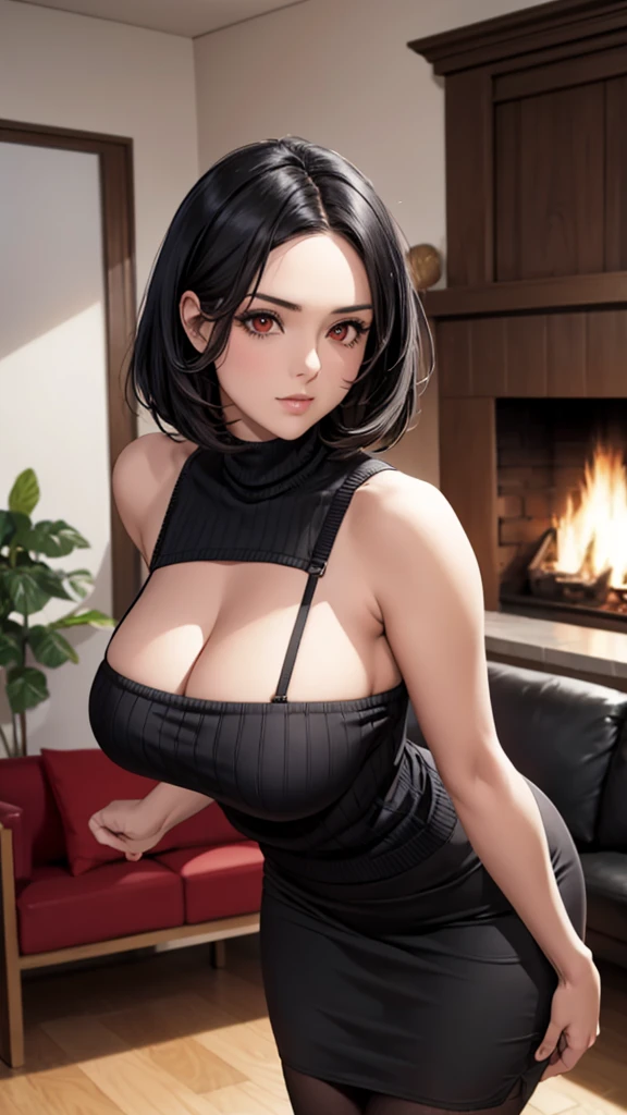 Milf, black hair, red eye, bent over, standing behind her, litle looking over her shoulder at me, big ass, hourglass curve, short black sweater with bare shoulders, long tight white skirt, great quality, details, living room, leaned down, pov from behind, close up view, grey pencil skirt, more close, more body in the frame, center her body, weakly looking, short hair, centr on frame, 30 y.o.