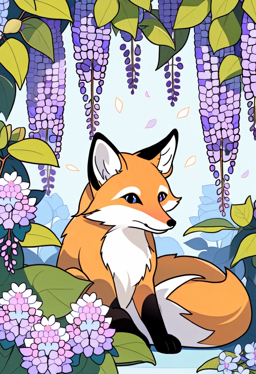 A fox sitting surrounded by hydrangeas and wisteria flowers