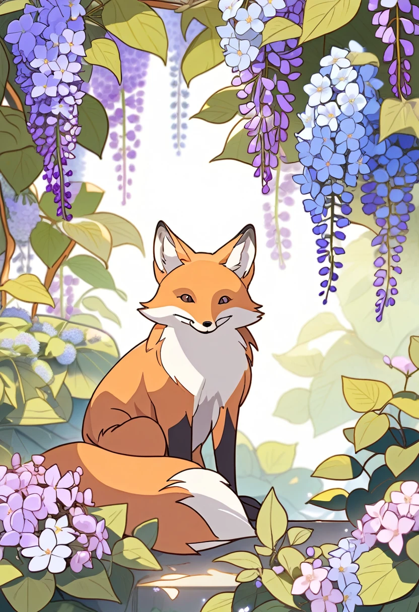 A fox sitting surrounded by hydrangeas and wisteria flowers