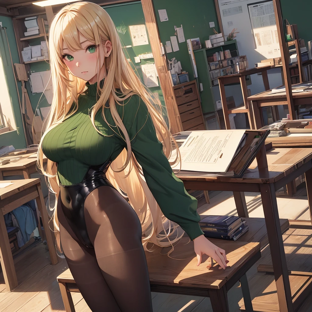 最high quality、best image quality、masterpiece、girl((20-year-old、sexy, By becomin, big bust,、thin,highest valley, dominatrix, blonde hair, green eyes, pantyhose, boots, cameltoe)), high quality、beautiful art、background(classroom))、flight、debris flies、Depth of written boundary、movie、visual art、perfect art、8K,genuine、
