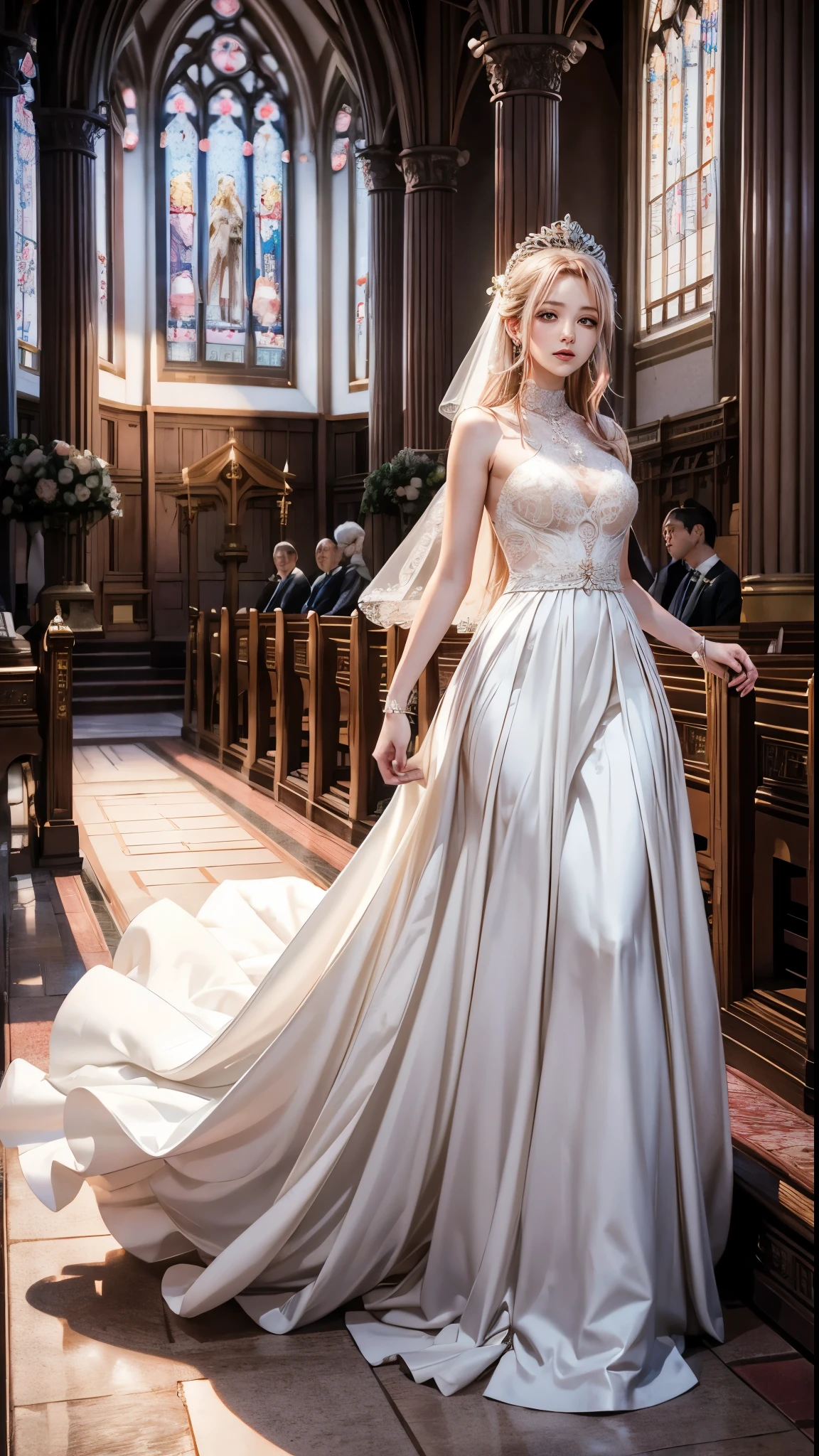 The bride, Sakura Haruno,、Gorgeous young woman standing alone in high definition、Her delicate features are accentuated by her long chestnut hair.。In a pristine white wedding dress、Gives the impression of a queen decked out for her coronation。Her entrance into the church was a sight of happiness.、When she walks gracefully、Flowers surround her。This full body image of Sakura、Capture the elegance and joy of the moment in high quality、It's a beautiful masterpiece that clearly shows all the details of her delicate face and whole body.。