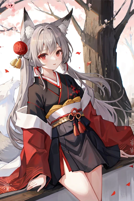 young girl with long grey hair, 1 red eye and 1 grey eye, dressed in a kimono with a fox tail and fox ears