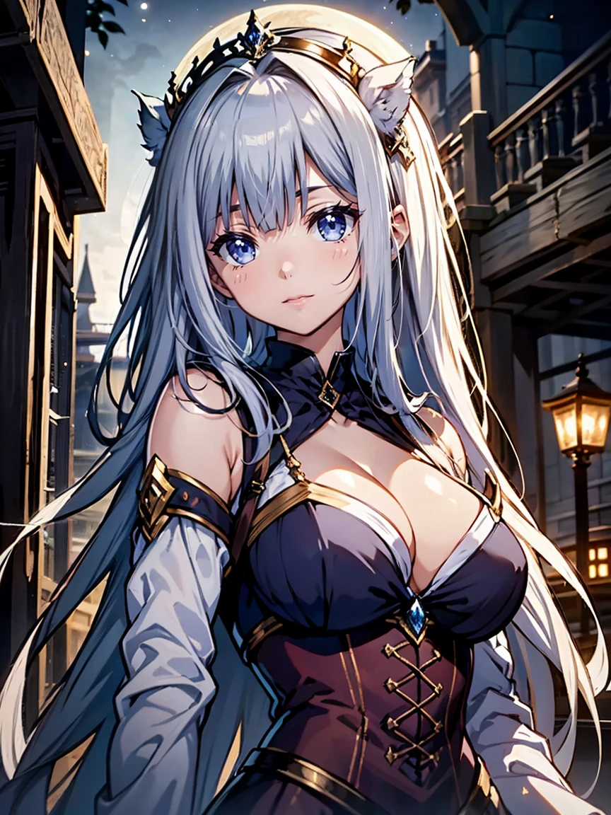 A princess with a delicate and beautiful face, large eyes, and translucent skin is looking up at the moon from a castle, enchantingly dressed in a traditional and glamorous medieval European dress and wearing a large hair ornament. A gentle, warm light surrounds the princess. The background is filled with soft out-of-focus light, and the pale blue and purple tones create a dreamy, serene, and enchanting atmosphere. Fireflies glowing in the moonlit night surround the princess, adding to the magical and ethereal atmosphere. Emphasis on the armpit and clavicle