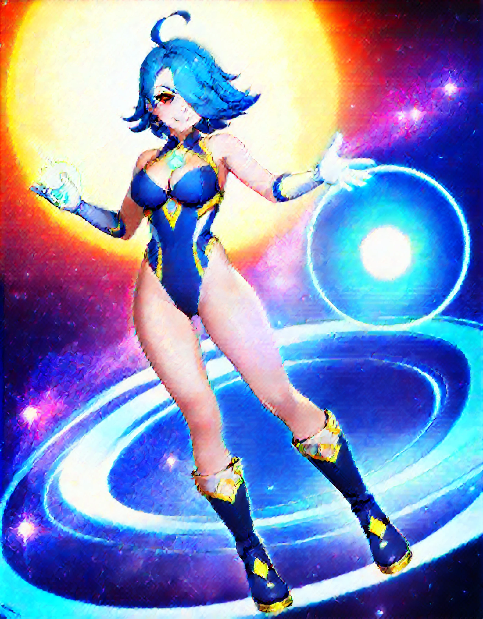 (masterpiece, best quality, high quality, highres:1.4), detailed, extremely detailed, ambient soft lighting, 4K, 1lady, solo, solo focus, beautiful french woman, perfect anatomy, medium breasts, (leotard, purple and blue leotard with white accents, bare legs), (yellow circle (symbol on chest). boots, matching boots, (perfect hands:1.2), gloves, matching gloves, blue hair, medium hair, (hair over one eye:1.3), ahoge, purple eyes, beautiful detailed eyes, beautiful detailed face, full body. (legs straight). standing straight. v-shaped eyebrows, smile, energy ball on hand, outer space backdrop, (power, aura, blue aura), energy pulse, diffraction spikes, light particles, time warp, ripples. full body costume design.