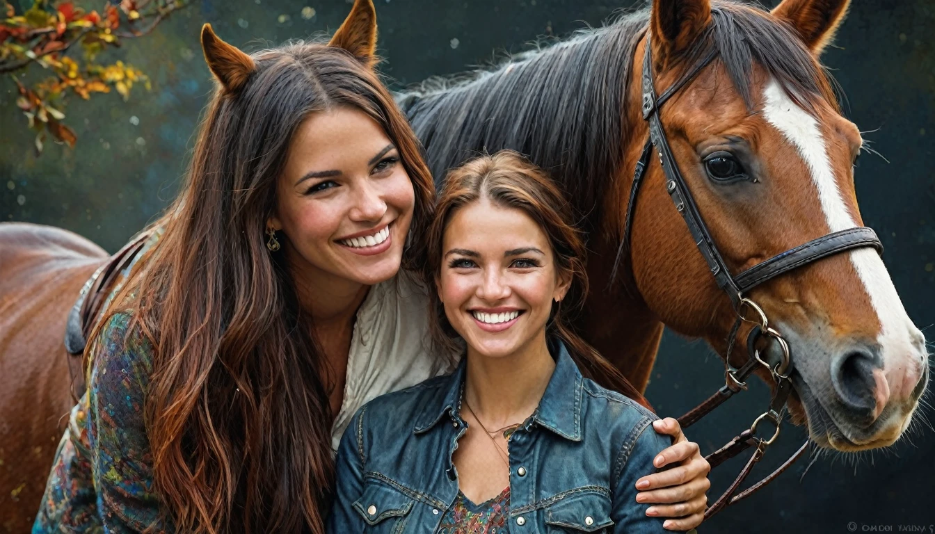 half body,
a woman smile with her best friend her horse,
dark complex background, style by Thomas Kinkade+David A. Hardy+Carne Griffiths+Mandy Disher half vivid colors fine art, best quality, high detailed, detailed faces, 2d,