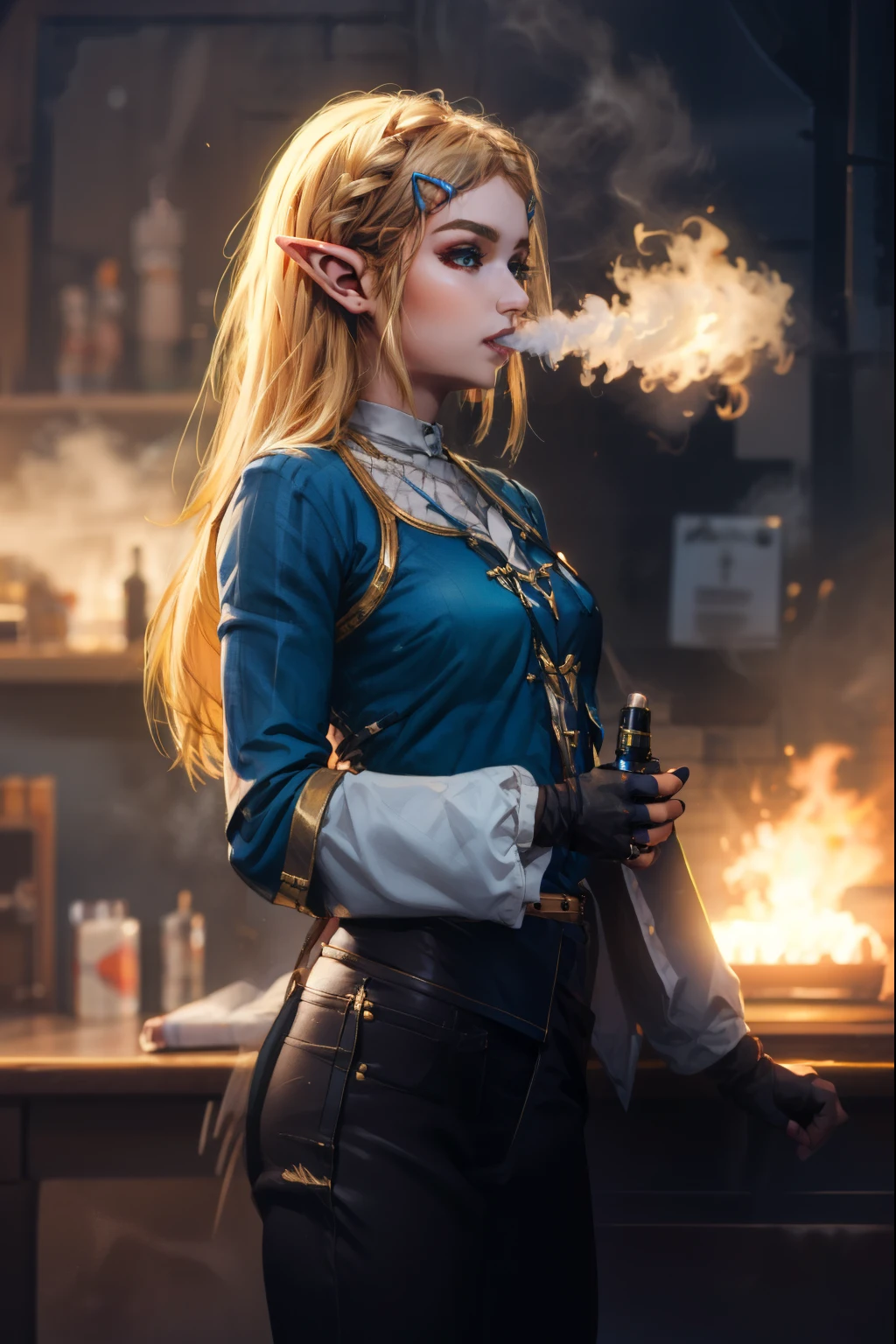 (masterpiece, best quality:1.2, Detailed Face), solo, 1girl, vapingnation, smoke, smoking, holding, aazelda, long hair,hairclip, pointy ears, blue shirt, long sleeves, fingerless gloves, black gloves, black pants, tight pants,