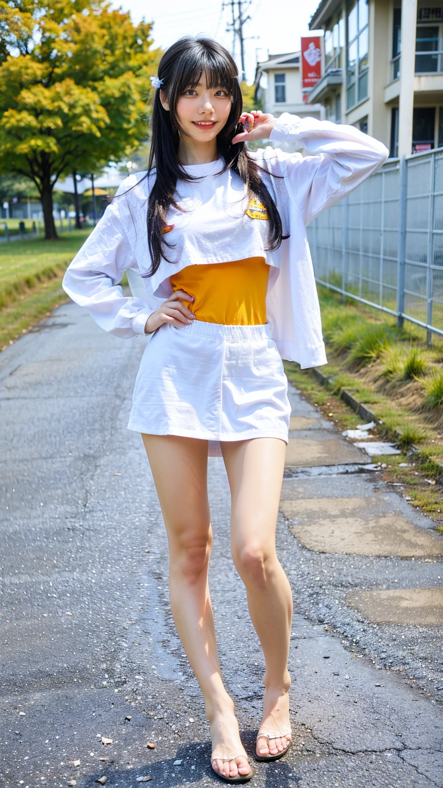 (8K、RAW Photos、Highest quality、masterpiece:1.2)、(Realistic、Realistic)、1 girl、((Completely naked:1.5、With pubic hair、Large Breasts、Full body from the front、Standing with hands behind back、))、Lots of eyelashes、Glowing eyelids、skeletally correct、smile、This photo will awaken boys to sex