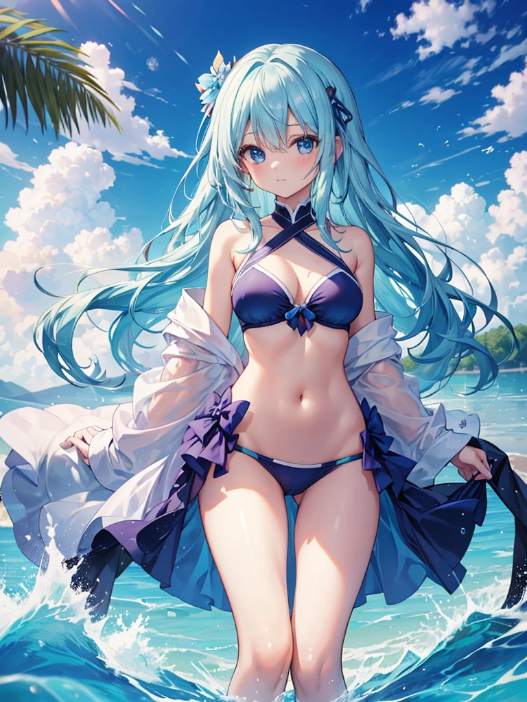 шикарное качество изображения high quality, masterpiece:1.2), (high quality, Best Image Quality), young woman, Konosuba ,aqua, blue hair, Blue eyes, bikini, one-piece swimsuit, translucent clothing, bare hands, bare legs, I&#39;m standing, huge breasts, middle thighs, beach, Soré