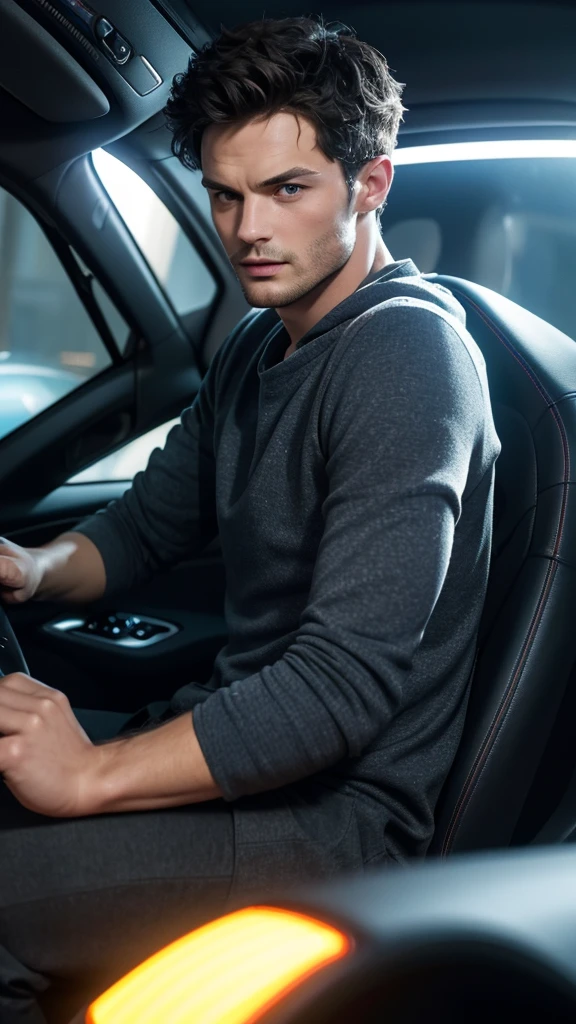 a young man, Jamie dornan, driving a sleek and futuristic sports car, ultra realistic, highly detailed, cinematic lighting, vibrant colors, dynamic pose, motion blur, intricate details, photorealistic, 8k, (best quality, 4k, 8k, highres, masterpiece:1.2), ultra-detailed, (realistic, photorealistic, photo-realistic:1.37), studio lighting, physically-based rendering, extreme detail description, professional, vivid colors, bokeh