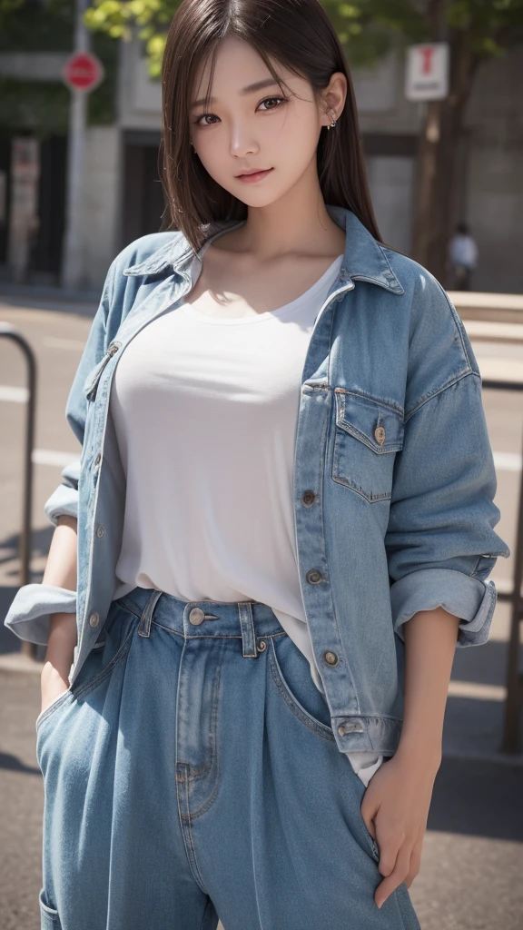 An innocent 20-year-old girl、• Wear an oversized shirt tucked into wide pants。The shirt features a trendy striped pattern.。to your feet, Wear simple sneakers、smile,Shortcuts,Park Background、RAW Photos, (8K、Highest quality、masterpiece:1.2)、(Intricate details:1.4)、(Realistic:1.4)、Octane Rendering、Complex 3D rendering with ultra-detail, Studio Soft Light, Rim Light, Sharp details, Very detailed, Realistic skin texture, detailed aspects, Beautiful details in the eyes, Very detailed CG Unity 16k 壁紙, Compensate, (Detailed Background:1.2), Glowing Skin, whole body、From head to thighs、Background of the metropolis、
