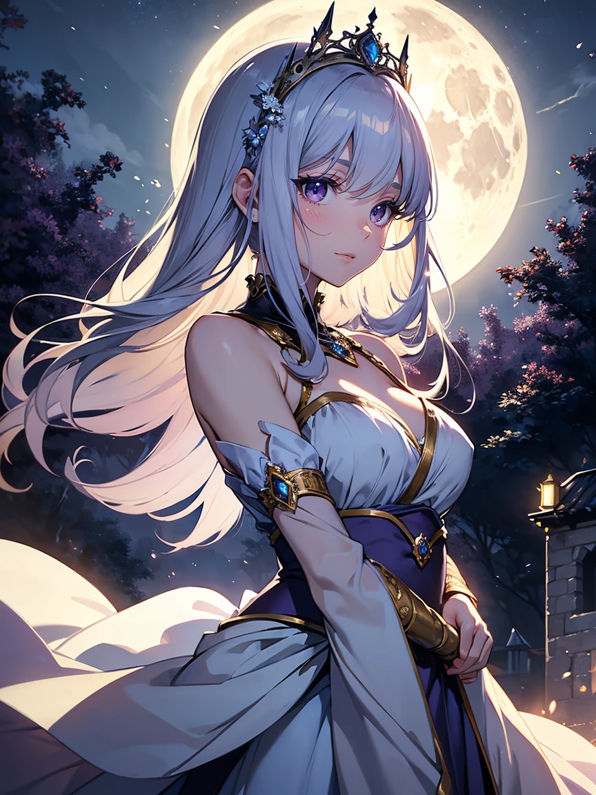 A princess with a delicate and beautiful face, large eyes, and translucent skin is looking up at the moon from a castle, enchantingly dressed in a traditional and glamorous medieval European dress and wearing a large hair ornament. A gentle, warm light surrounds the princess. The background is filled with soft out-of-focus light, and the pale blue and purple tones create a dreamy, serene, and enchanting atmosphere. Fireflies glowing in the moonlit night surround the princess, adding to the magical and ethereal atmosphere. Emphasis on the armpit and clavicle