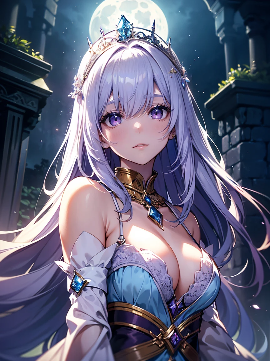 A princess with a delicate and beautiful face, large eyes, and translucent skin is looking up at the moon from a castle, enchantingly dressed in a traditional and glamorous medieval European dress and wearing a large hair ornament. A gentle, warm light surrounds the princess. The background is filled with soft out-of-focus light, and the pale blue and purple tones create a dreamy, serene, and enchanting atmosphere. Fireflies glowing in the moonlit night surround the princess, adding to the magical and ethereal atmosphere. Emphasis on the armpit and clavicle
