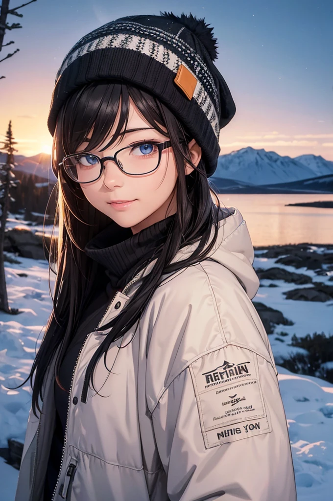 最high quality, high quality, High resolution, high quality texture, high quality shadows, High resolution, Beautiful details, Detailed CG, Detailed Texture, Realistic representation of face, Realistic, colorful, delicate, Cinematic Light, Side light, Lens flare, Ray Tracing, sharp concentrated, (1 Girl,concentrated:1.3), ( Intricate details, compensate, PureErosFaceV1:0.5), (細部まで美しいdelicateな顔, 緻密で美しいdelicateな瞳, Perfect Facial Proportions, Dense skin, Optimal ratio of four fingers to one thumb, Modest chest, Beautiful Hips, Smooth upper abdomen, blue eyes ,cold weather jacket ,cold weather pants ,knit hat ,cold weather gloves ,trekking backpack ,glasses ,hiking,lapland ,snow field ,long trail ,adventure journey ,night,Northern Lights ,winter,the gaze of true love, lips of temptation, A look full of compassion ,a smile full of love, i love you, Acting lovey-dovey, waist up, 35 years old, hiking,house wife