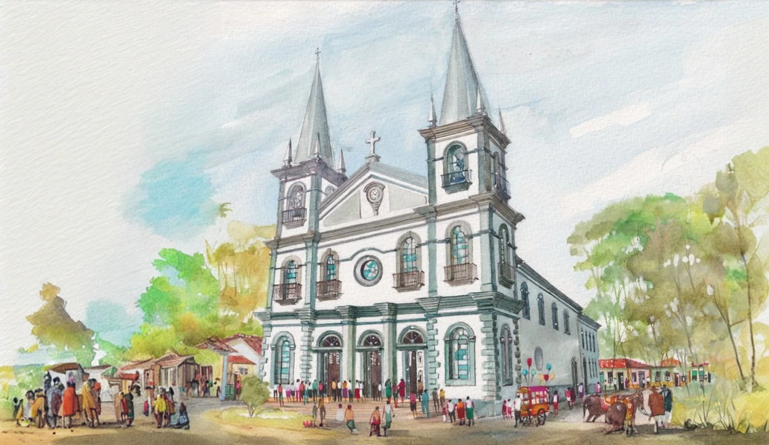 a village in Brazil in the 17th century, watercolor style, place a surveyor among the people with a theodolite