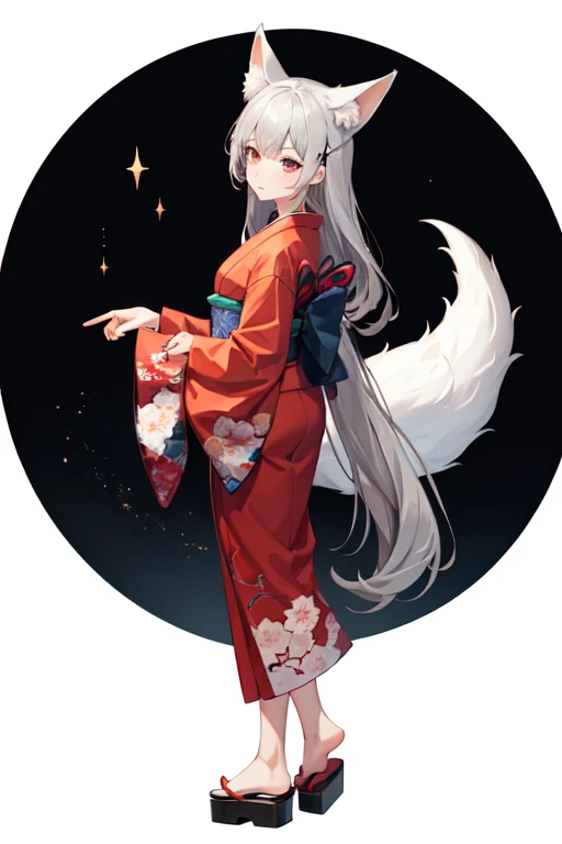 young girl with long grey hair, 1 red eye and 1 grey eye, dressed in a kimono with a fox tail and fox ears