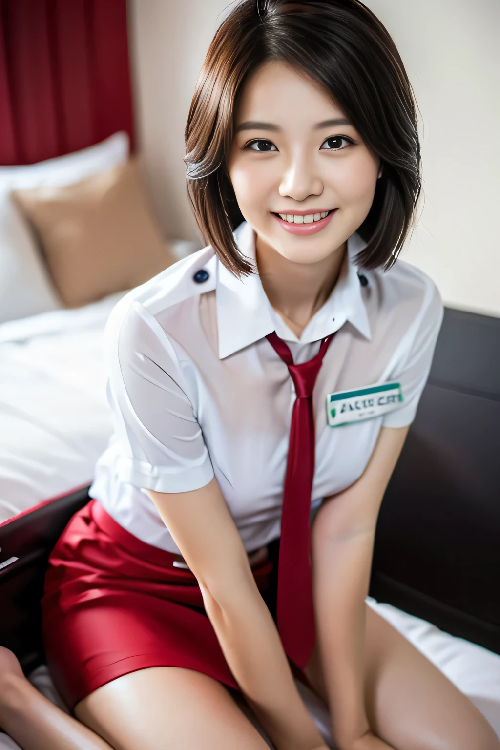 (a gorgeous lady, age 21, Flight Attendant uniform, Shenzhen Airlines Stewardess, wet white shirt and wet red mini-skirt, kneeling in her bedroom, dimpled smile, short ponytai hair, short bob hair, cute snaggleteeth, well-endowed round bosom, long flawless legs, photorealistic, beautiful detailed eyes, beautiful detailed face, hyper-realism, high contrast, ultra HD, realistic skin textures, top image quality, top-quality, super high resolution, fine details, very meticulously, close-up shot, head to thigh, romantic night, bokeh background)