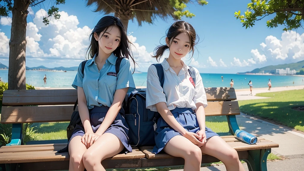 summer、Park with an ocean view、Woman sitting on a park bench、squirt,、16 year old school girl in uniform、Drink water、School bag、Blue sky、Shining Sun、Bento、Water bottle