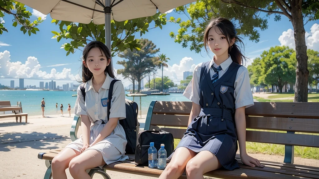 summer、Park with an ocean view、Woman sitting on a park bench、squirt,、 school girl in uniform、Drink water、School bag、Blue sky、Shining Sun、Bento、Water bottle
