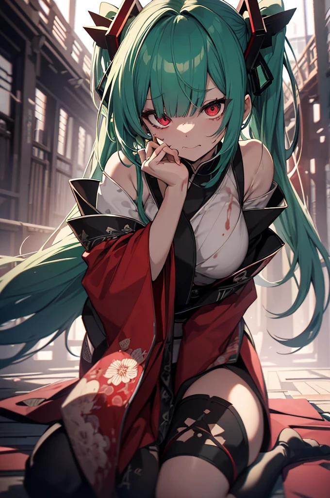 dead body、Blood everywhere、blood splashing、dark hue、Red hue、Japanese dress、Kimono Dresses、long、miku hatsune、Green hair、Twin-tailed、Ahegao ( Silly / Sexual ecstasy)、Cross-eyed、Stranger、View other people、Blunt bangs、 over-kneehighs,Ahegao , Silly,Sexual ecstasy,Drunken eyes,Blunt bangs, Green hair,(masutepiece:1.2, Best Quality), (finely detailed beautiful eye: 1.2), (Detailed background,Dark Fantasy), (beautifull detailed face), High contrast, (Best Illumination, extremely delicate and beautiful), ((Cinematic Light)), Colorful, Hyper Detail, Dramatic light, Intricate details,