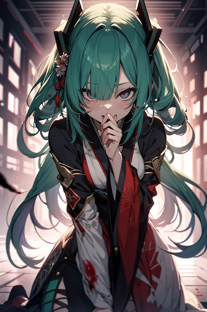 dead body、Blood everywhere、blood splashing、dark hue、Red hue、Japanese dress、Kimono Dresses、long、miku hatsune、Green hair、Twin-tailed、Ahegao ( Silly / Sexual ecstasy)、Cross-eyed、Stranger、View other people、Blunt bangs、 over-kneehighs,Ahegao , Silly,Sexual ecstasy,Drunken eyes,Blunt bangs, Green hair,(masutepiece:1.2, Best Quality), (finely detailed beautiful eye: 1.2), (Detailed background,Dark Fantasy), (beautifull detailed face), High contrast, (Best Illumination, extremely delicate and beautiful), ((Cinematic Light)), Colorful, Hyper Detail, Dramatic light, Intricate details,