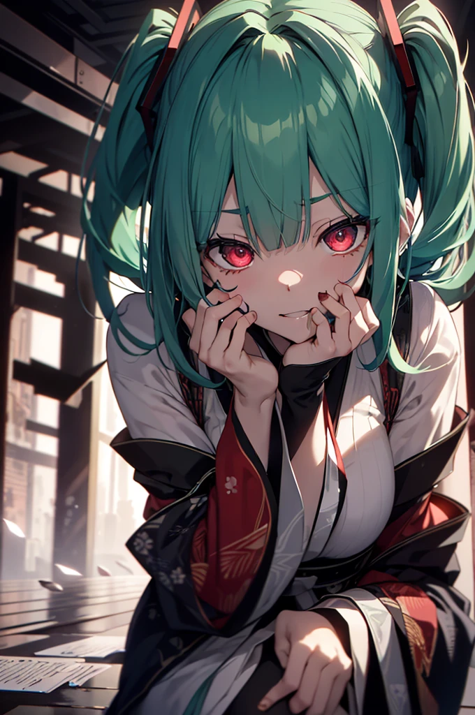 dead body、Blood everywhere、blood splashing、dark hue、Red hue、Japanese dress、Kimono Dresses、long、miku hatsune、Green hair、Twin-tailed、Ahegao ( Silly / Sexual ecstasy)、Cross-eyed、Stranger、View other people、Blunt bangs、 over-kneehighs,Ahegao , Silly,Sexual ecstasy,Drunken eyes,Blunt bangs, Green hair,(masutepiece:1.2, Best Quality), (finely detailed beautiful eye: 1.2), (Detailed background,Dark Fantasy), (beautifull detailed face), High contrast, (Best Illumination, extremely delicate and beautiful), ((Cinematic Light)), Colorful, Hyper Detail, Dramatic light, Intricate details,