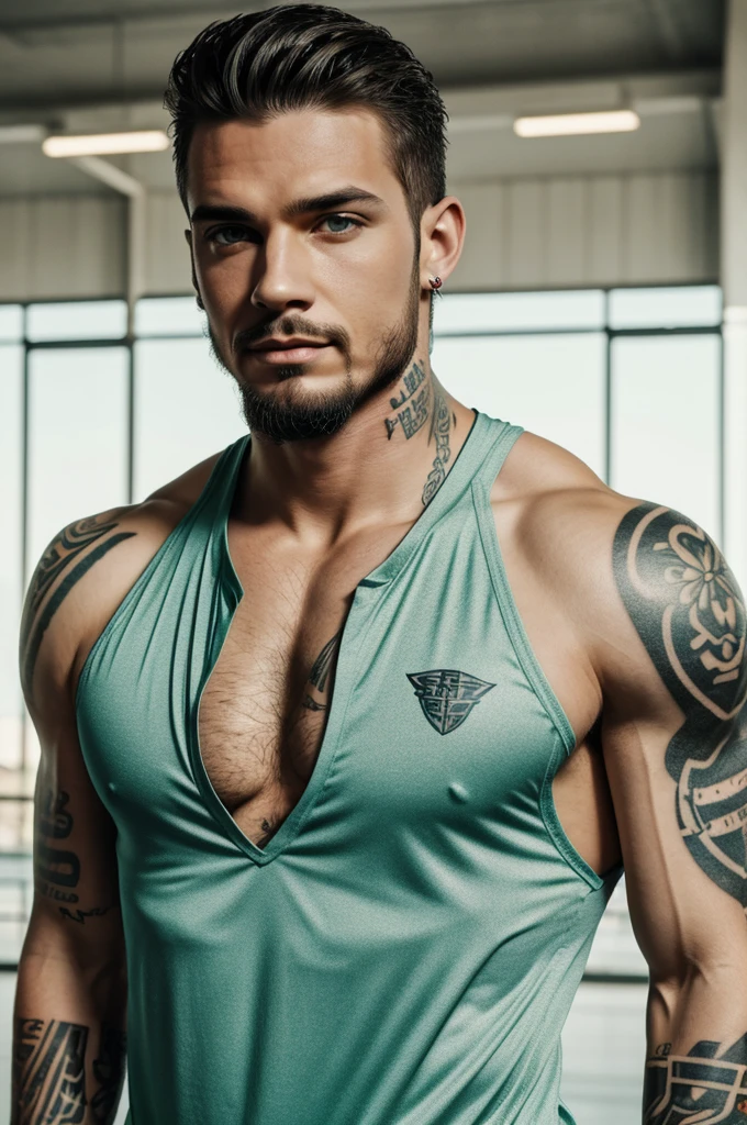 Thin build fair man ,goatee , green eyes, in sports clothes with tattoos on the neck, high resolution image 