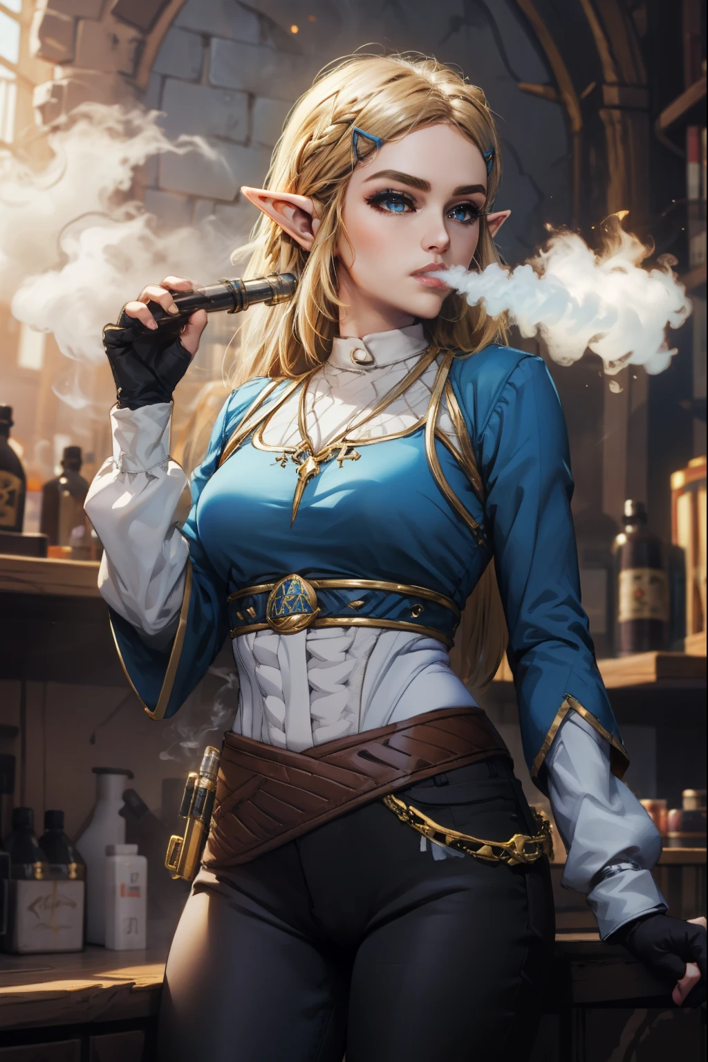 (masterpiece, best quality:1.2, Detailed Face), solo, 1girl, vapingnation, smoke, smoking, holding, aazelda, long hair,hairclip, pointy ears, blue shirt, long sleeves, fingerless gloves, black gloves, black pants, tight pants,