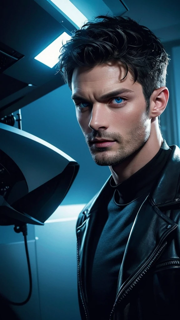 A handsome man with piercing blue eyes, chiseled jawline and effortlessly stylish appearance, Jamie Dornan, 1 man, photorealistic portrait, hyper detailed face, HDR, ultra-detailed, cinematic lighting, dramatic pose, futuristic cyberpunk city backdrop, glowing neon lights, moody color palette, dramatic shadows, intricate android/cyborg details, hyper realistic, masterpiece, award winning digital art