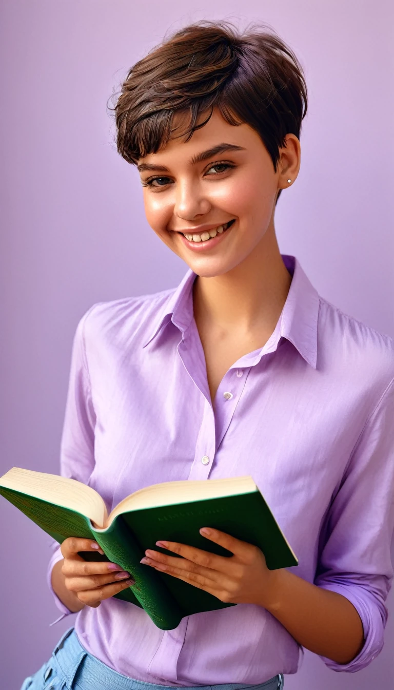  a girl smiling with pixie cut hair ,with light lilac shirt, with a book ,masterpiece, estilo illustration de Ali Erturk, high detail, hyperrealistic, natural light,illustration , Bright colors
