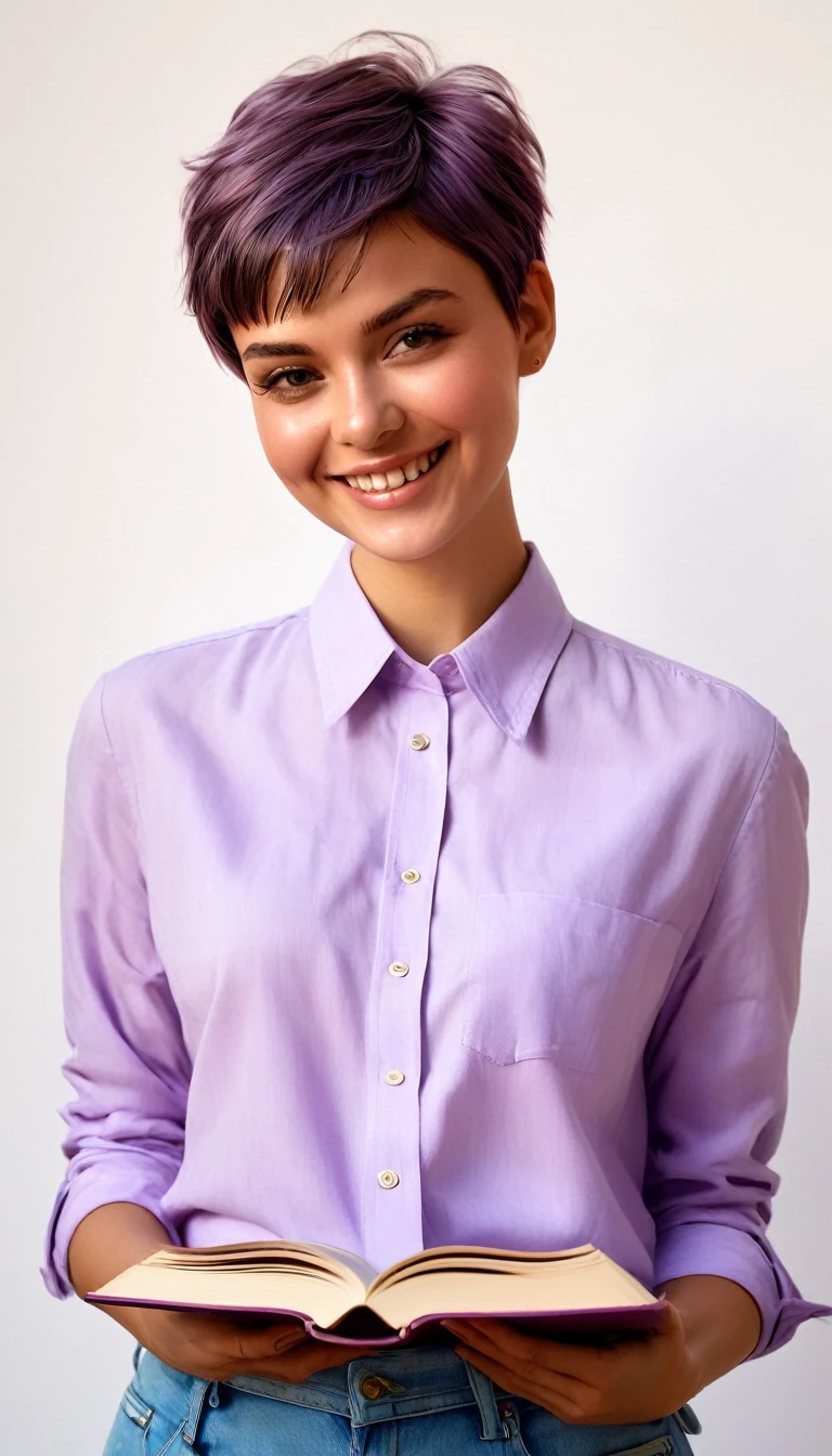  a girl smiling with pixie cut hair ,with light lilac shirt, with a book ,masterpiece, estilo illustration de Ali Erturk, high detail, hyperrealistic, natural light,illustration , Bright colors
