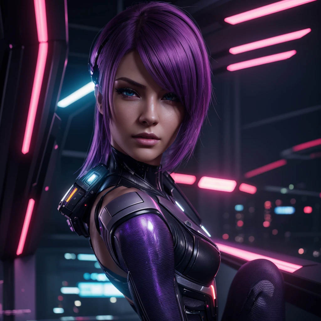 (Hyper-realistic), (lightening), (High resolution), (32k), (extremely detailed), (masterpiece), (realistic),(realistic skin),(extremely detailed skin), portrait of a cyber-android girl, purple hair, cyberpunk haircut, tied up, cyberpunk hairstyle, the most beautiful in the world, beautiful face, beautiful hands, Beautiful eyes, semi cyber-android body.
Sexy outfit, Upper body, light reflections, Interior, futuristic cyber city, day, Cyber Red Light district background, professional photography of a beautiful detailed woman, sharpness, Spectacular, award winning, cinematic lighting, unreal octane renderer, dtx volumetrics, (depth of field, Motion blur:1.3)