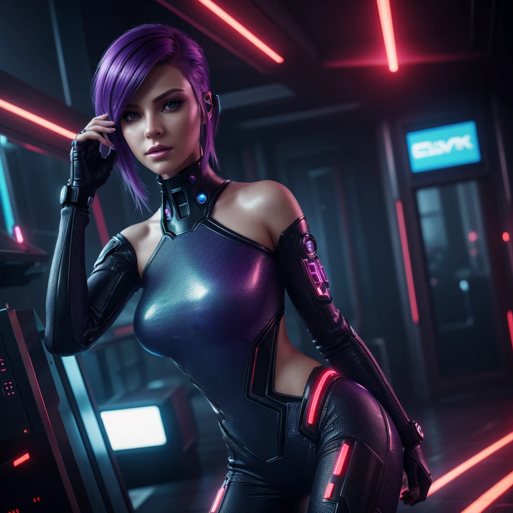 (Hyper-realistic), (lightening), (High resolution), (32k), (extremely detailed), (masterpiece), (realistic),(realistic skin),(extremely detailed skin), portrait of a cyber-android girl, purple hair, cyberpunk haircut, tied up, cyberpunk hairstyle, the most beautiful in the world, beautiful face, beautiful hands, Beautiful eyes, semi cyber-android body.
Sexy outfit, Upper body, light reflections, Interior, futuristic cyber city, day, Cyber Red Light district background, professional photography of a beautiful detailed woman, sharpness, Spectacular, award winning, cinematic lighting, unreal octane renderer, dtx volumetrics, (depth of field, Motion blur:1.3)